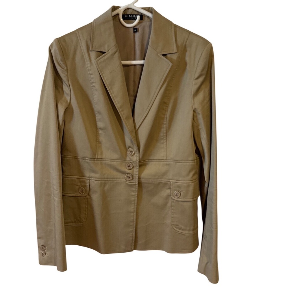 Atelier Luxe Khaki Tan Cotton Blend 3-Button Tailored Blazer Jacket Size 10